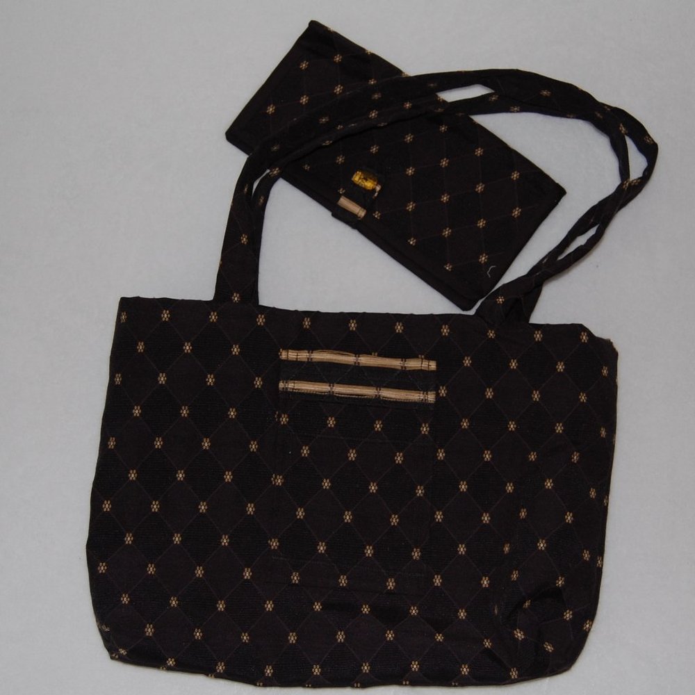 NEW Handmade Bag with Wallet, Size M, Navy Black with Tan Flower Pattern
